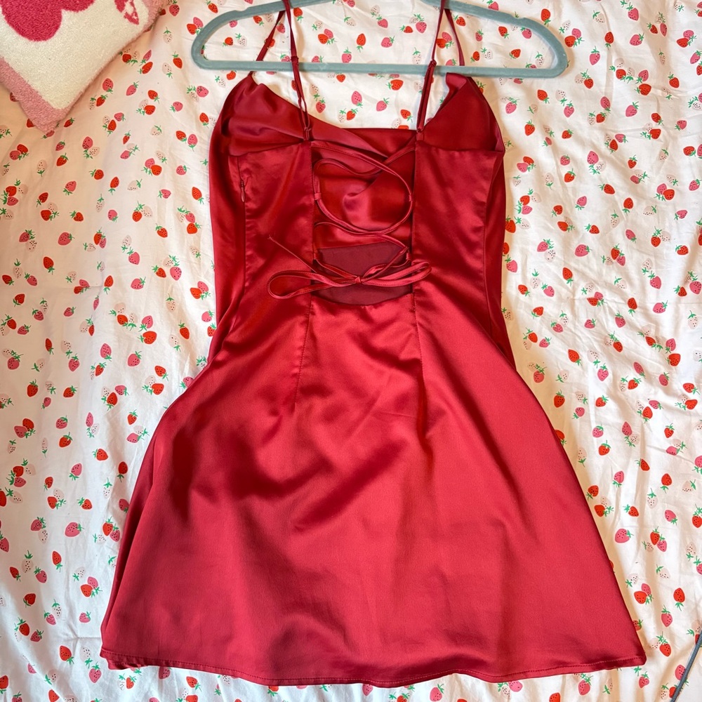 GARAGE Red Open Back Tie Back Slip Silk Style Dress with cowl neck